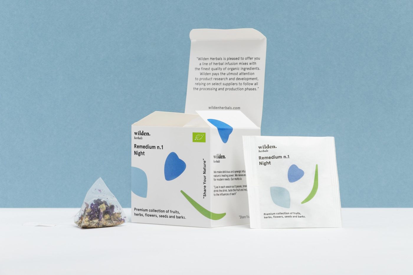 Square open package of herbal infusion Remedium Night with single tea bag and herbs