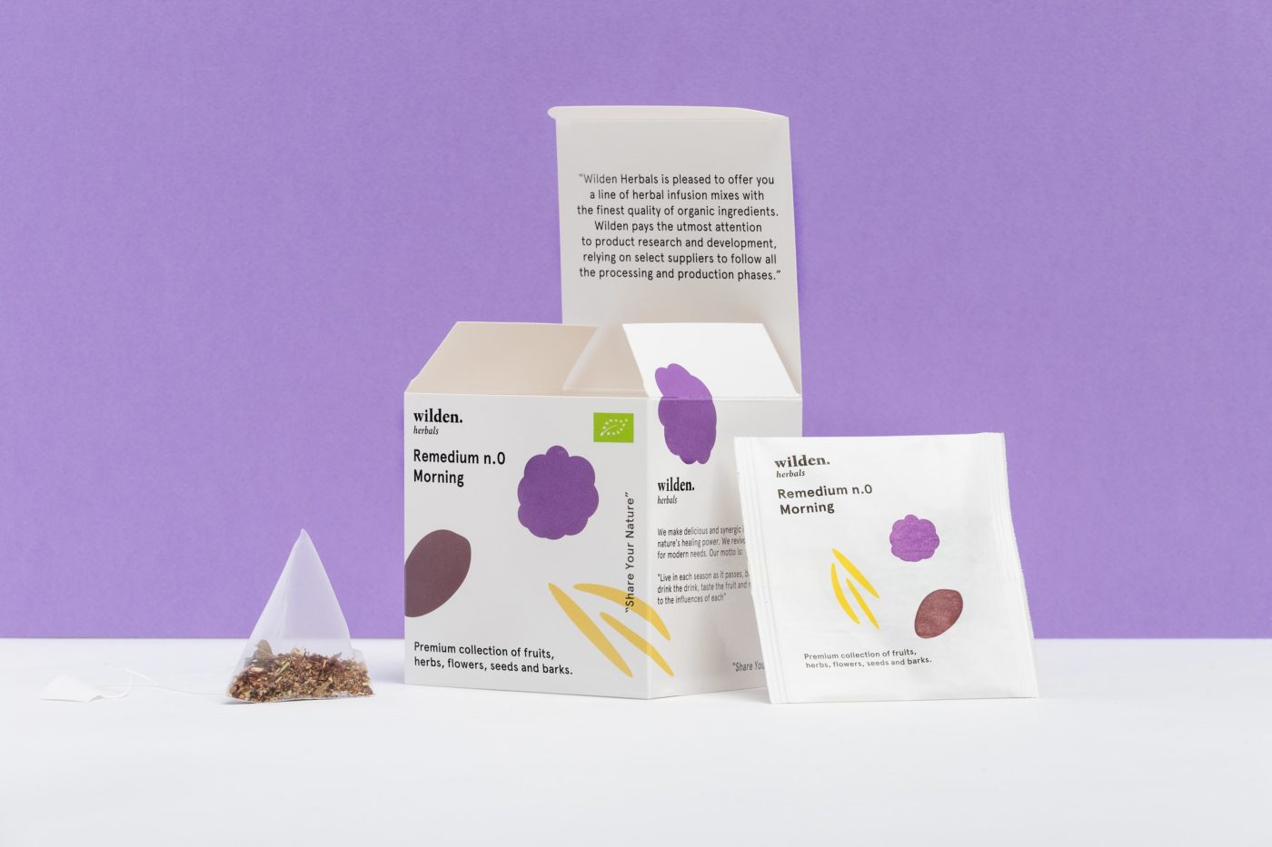 Square open package of herbal infusion Remedium Morning with single tea bag and herbs